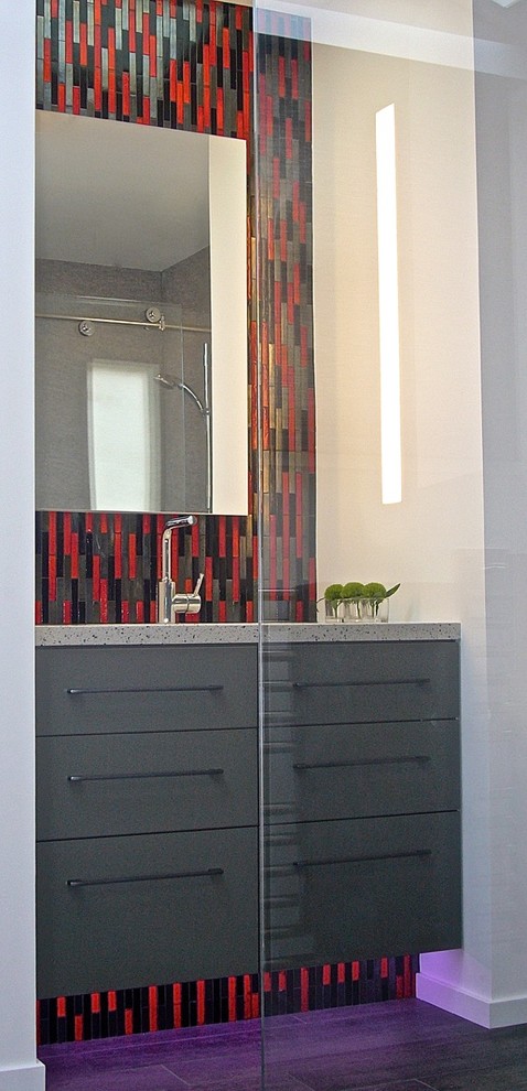 Small contemporary bathroom in San Francisco with flat-panel cabinets, grey cabinets, red tile, glass tile and engineered quartz benchtops.