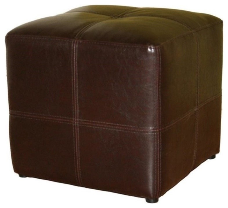 Pemberly Row Leather Cube Ottoman in Dark Brown