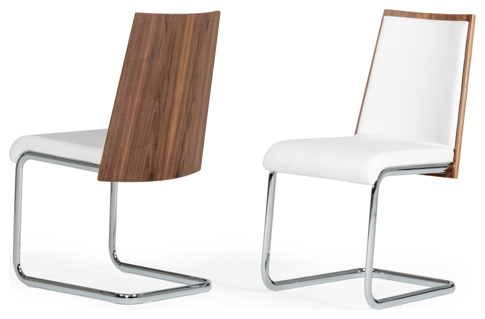 Modrest Morgan Modern Dining Chairs, Set of 2, White, Chrome, Walnut