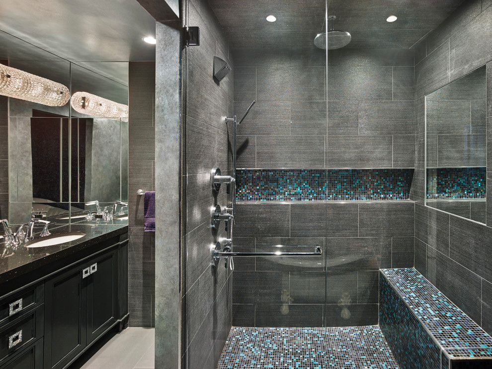 Mid-sized contemporary master bathroom in Philadelphia with recessed-panel cabinets, black cabinets, a claw-foot tub, an alcove shower, a bidet, multi-coloured tile, glass tile, grey walls, ceramic floors, an undermount sink and engineered quartz benchtops.