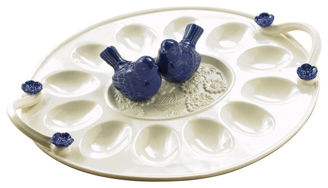 Grasslands Road American Bloom Ceramic Egg Plate With Bluebird Salt and Pepper