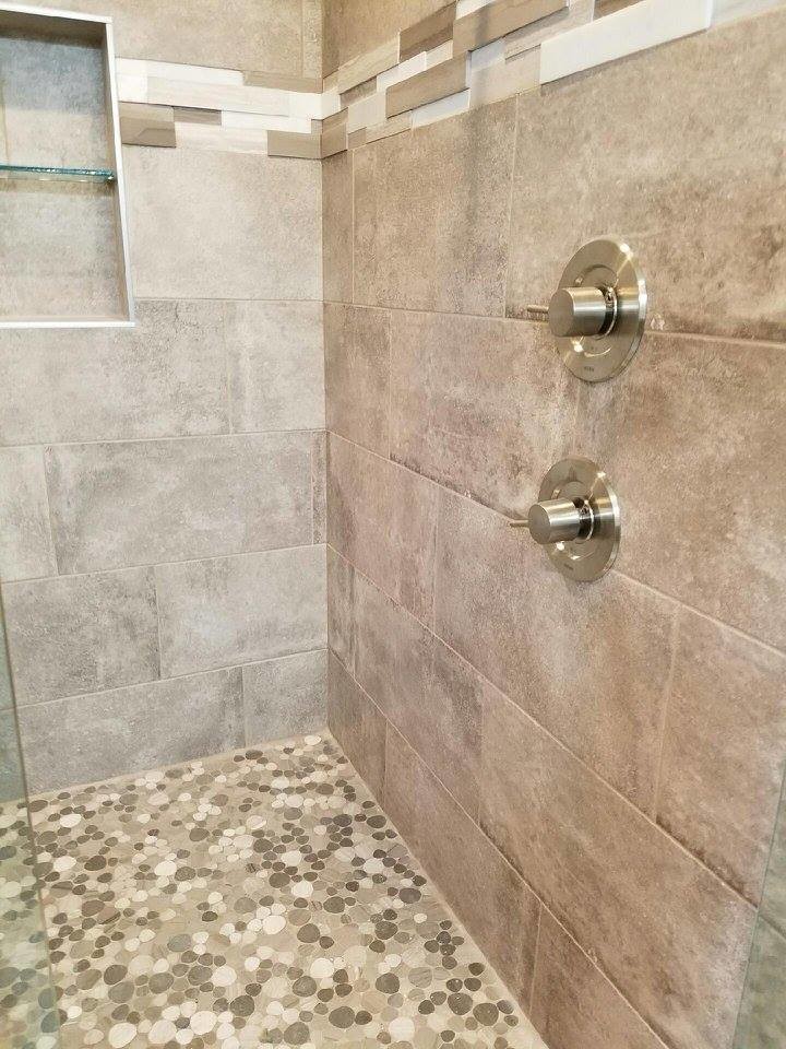 This is an example of a mid-sized industrial master bathroom in Jacksonville with recessed-panel cabinets, dark wood cabinets, an alcove shower, a one-piece toilet, grey walls, concrete floors, an undermount sink, quartzite benchtops, grey floor and a shower curtain.