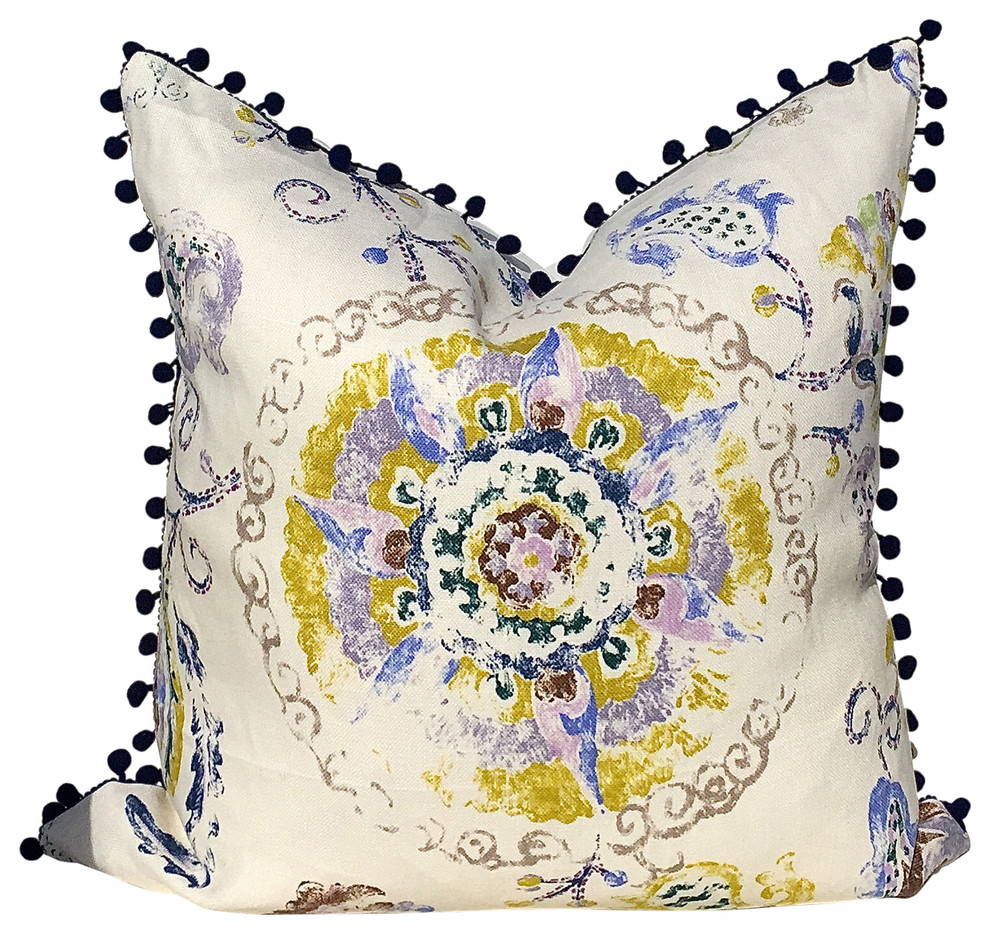 Suzani Cotton/Linen Pillow Cover With Navy Blue PomPom Trim, 20"x20"