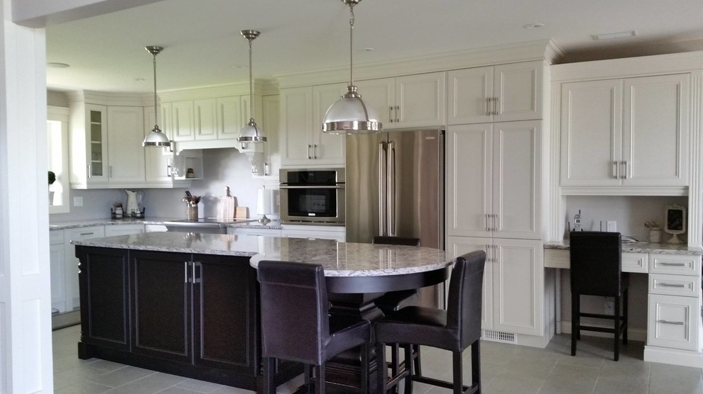 Large transitional u-shaped porcelain tile kitchen photo in Toronto with beaded inset cabinets, white cabinets, granite countertops, white backsplash, stainless steel appliances and an island