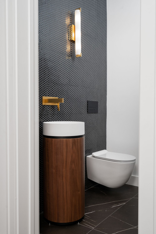 Modern Sophistication: Walnut Basin and Brass Brilliance