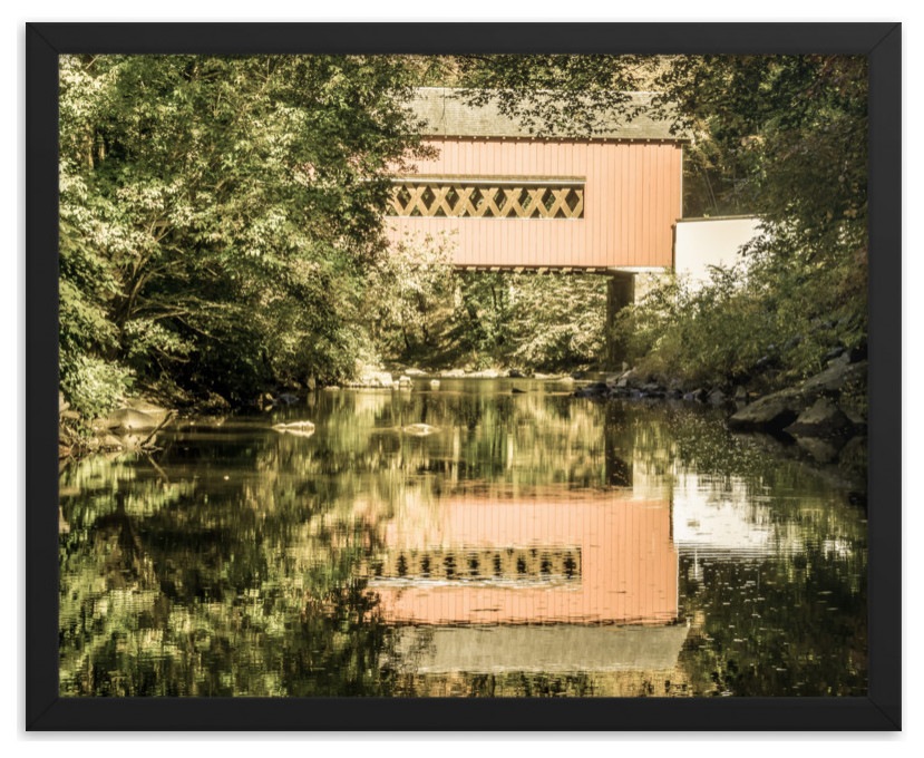 The Reflections of Wooddale Covered Bridge Aged Framed Photo Wall Art Print, Black, 16" X 20"