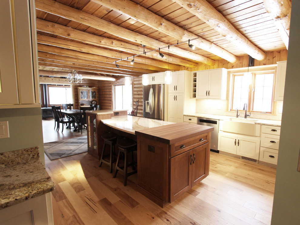 Log Cabin Rustic White Kitchen Cabinets with Granite and Wood ...