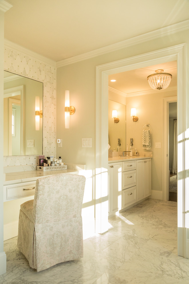 Design ideas for a large transitional master wet room bathroom in Boston with furniture-like cabinets, white cabinets, a freestanding tub, a one-piece toilet, white tile, marble, grey walls, marble floors, an undermount sink, quartzite benchtops, grey floor and a hinged shower door.