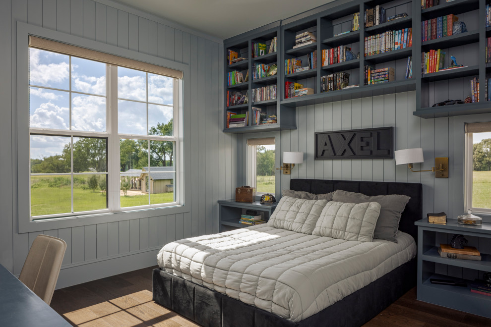 Ranch Custom Build - Inspiration for a cottage dark wood floor, brown floor and shiplap wall kids' room remodel in Dallas with gray walls