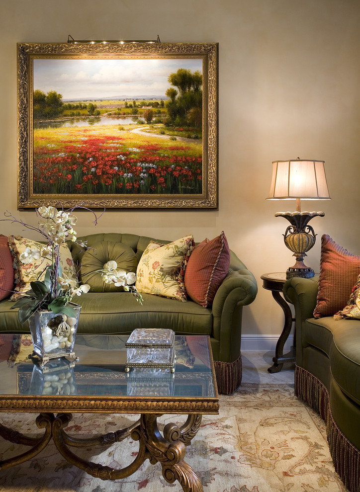 This is an example of a traditional family room in Miami with beige walls.