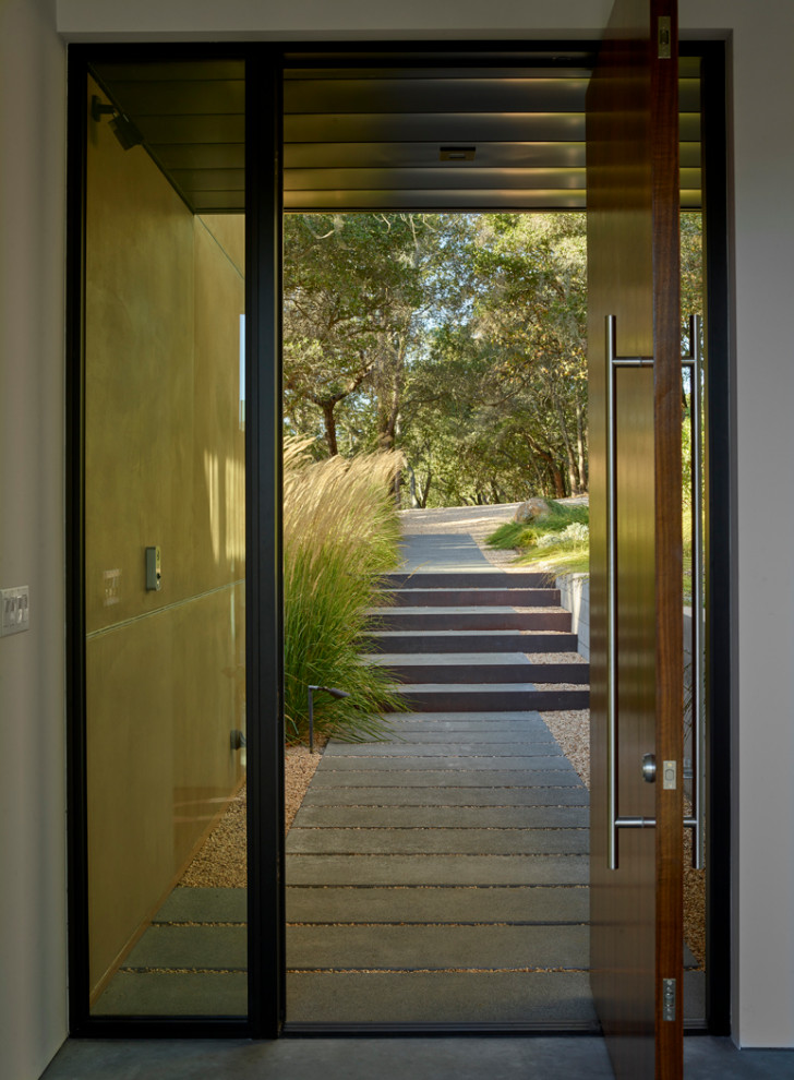 Réalisation d'un grand hall d'entrée minimaliste avec sol en béton ciré, une porte pivot et une porte en verre.
