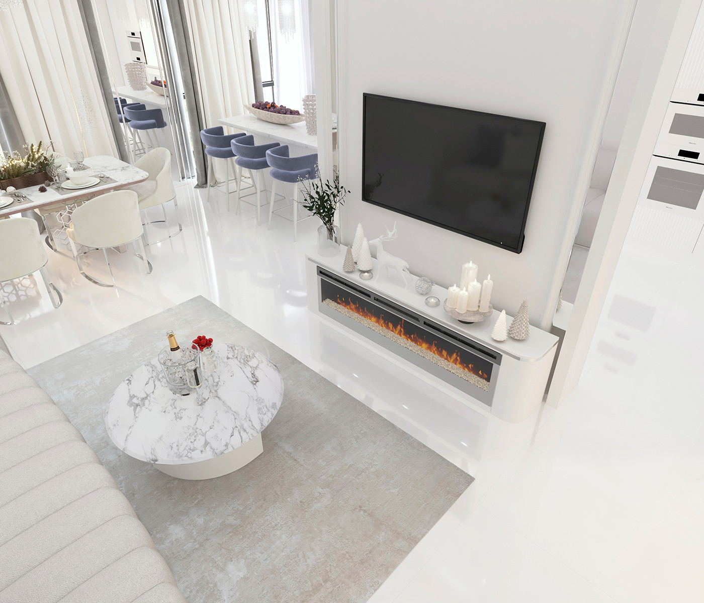 Роскошный белый интерьер в стиле ар-деко 105 кв.м. в ЖК ФИЛИ СИТИ