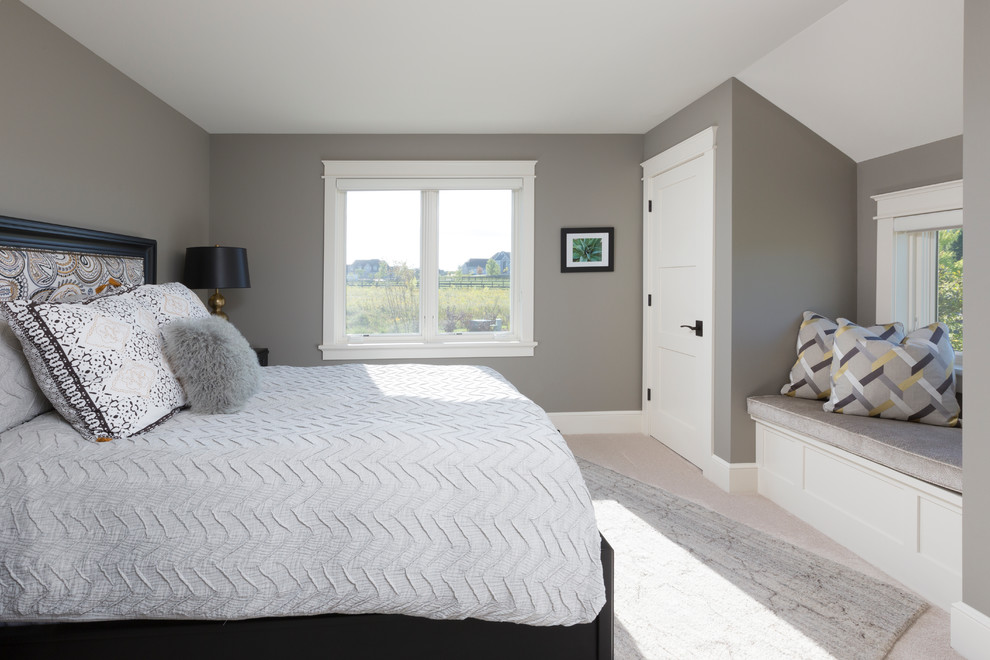 Inspiration for a mid-sized traditional guest bedroom in Milwaukee with grey walls, carpet and grey floor.