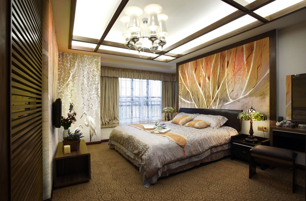 Large asian guest bedroom in Moscow with beige walls and carpet.