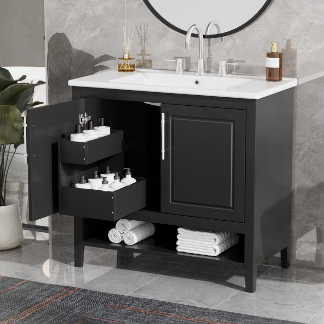 36" Freestanding Bath Vanity Set, Black, Integrated Ceramic Sink - Transitional - Bathroom ...