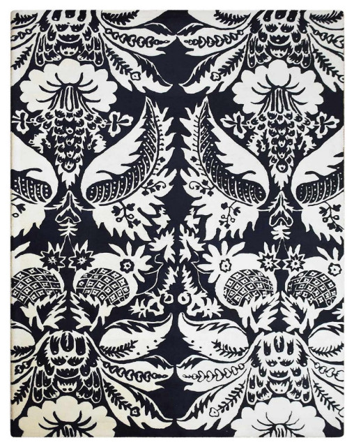 Hand Tufted Wool Area Rug Floral White Black, [Rectangle] 7'9''x10'6 ...
