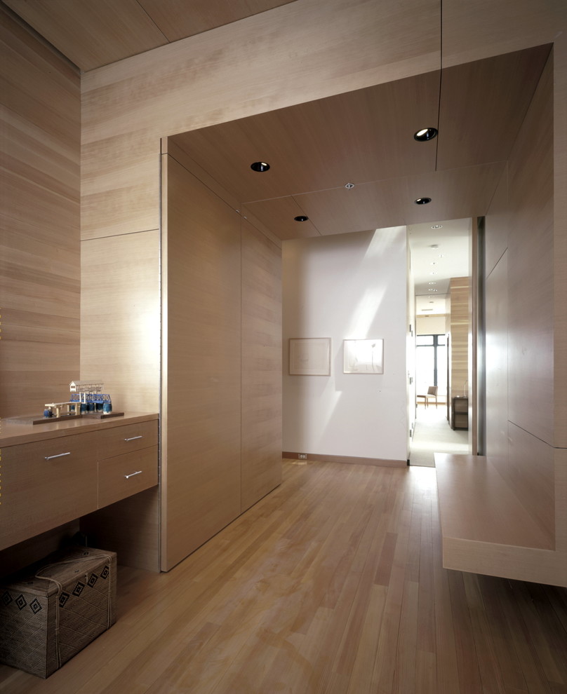 This is an example of a contemporary entry hall in Minneapolis with beige walls.
