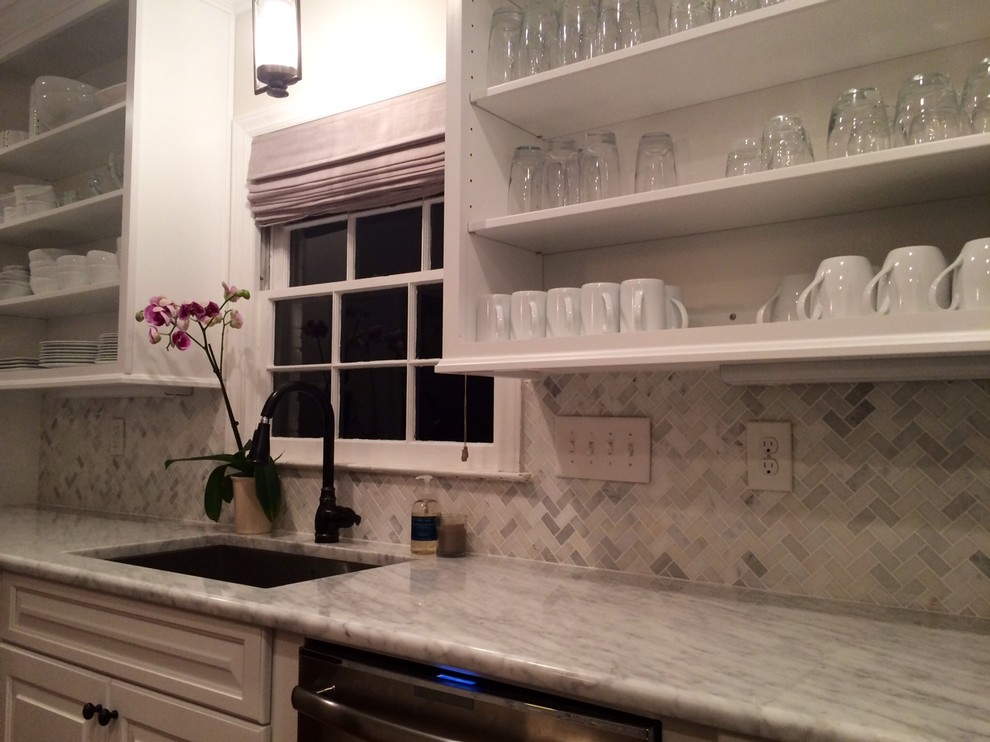 Example of a huge transitional u-shaped dark wood floor eat-in kitchen design in Charlotte with an undermount sink, raised-panel cabinets, white cabinets, granite countertops, gray backsplash, porcelain backsplash, stainless steel appliances and an island
