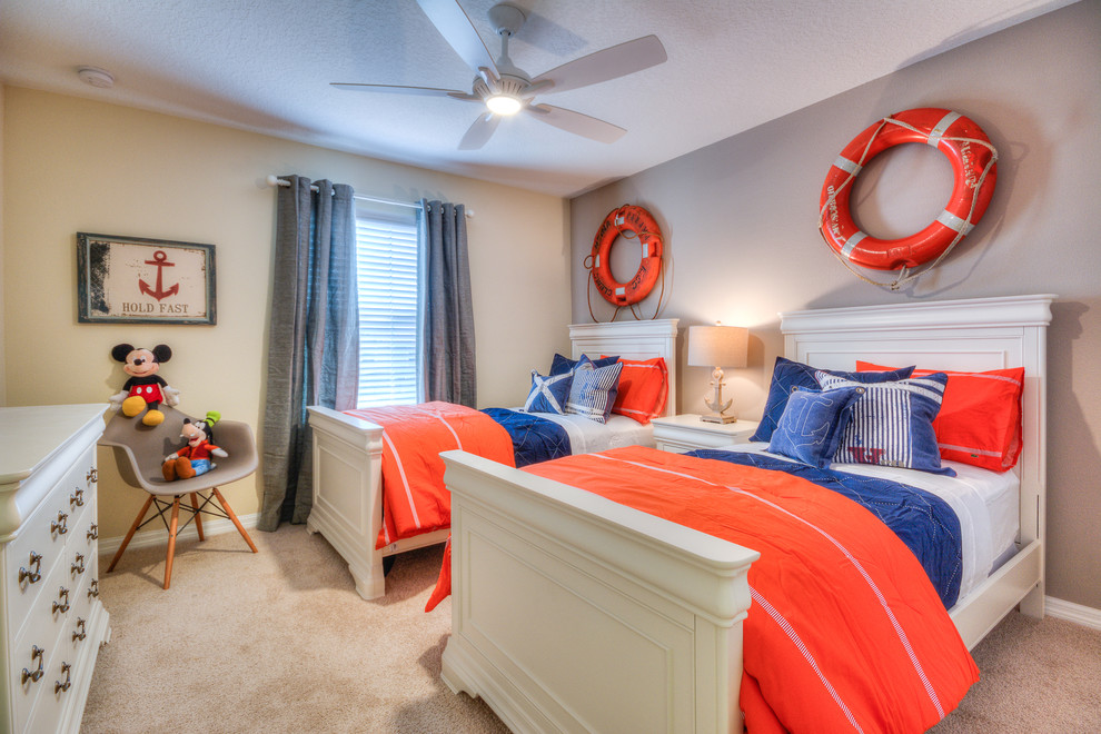 Inspiration for a mid-sized beach style gender-neutral kids' bedroom for kids 4-10 years old in Orlando with grey walls, carpet and beige floor.