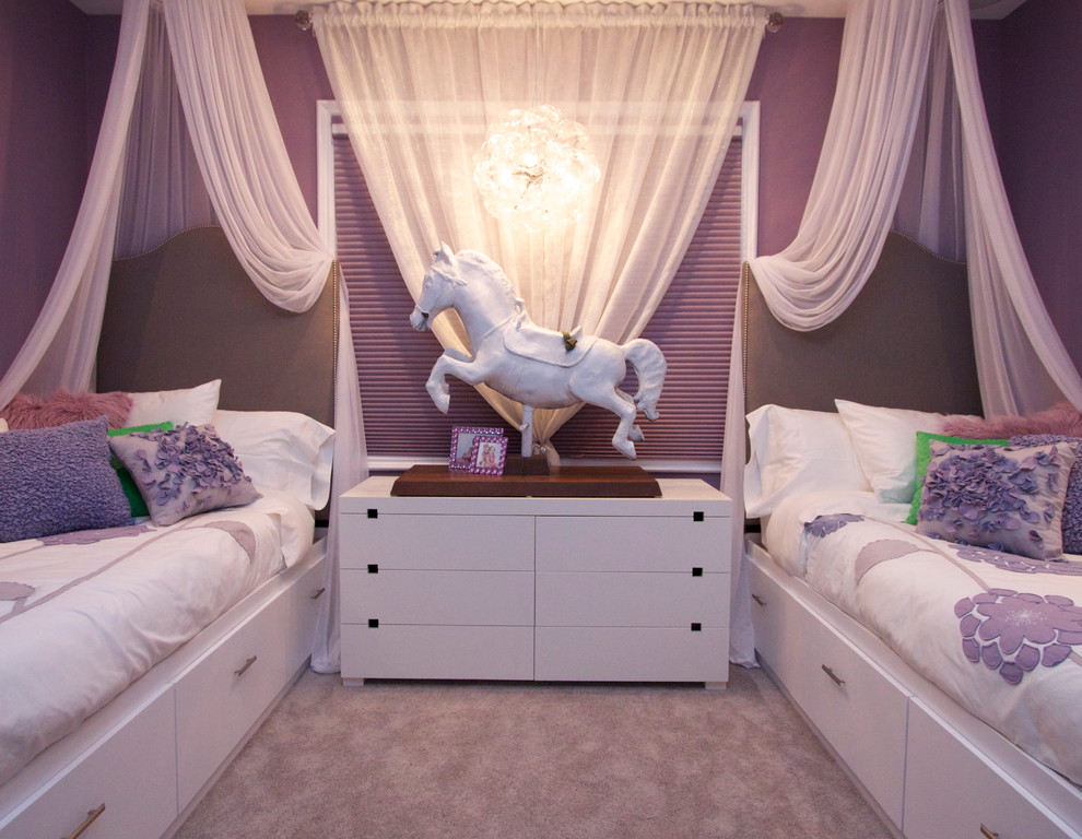Photo of a mid-sized transitional bedroom in San Diego with purple walls and carpet.