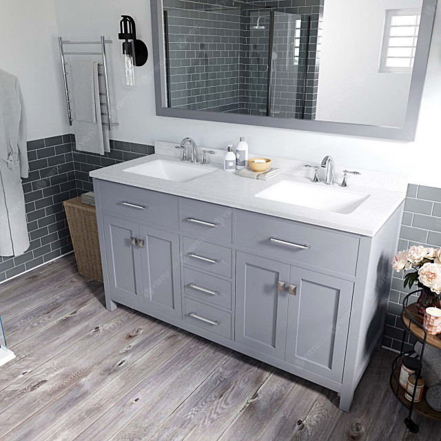 60" Double Bath Vanity in Grey with Dazzle White Top and Square Sink ...