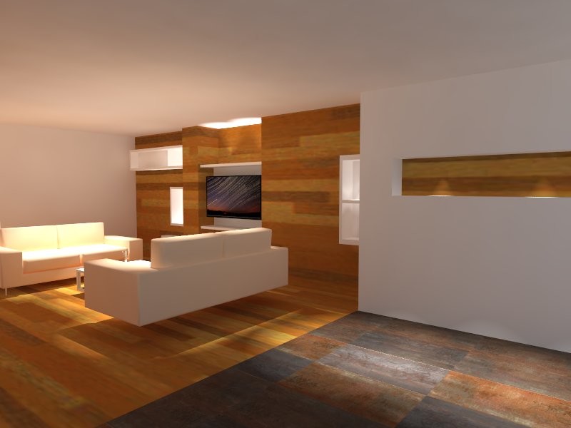 Großes Modernes Wohnzimmer mit braunem Holzboden und TV-Wand in Madrid