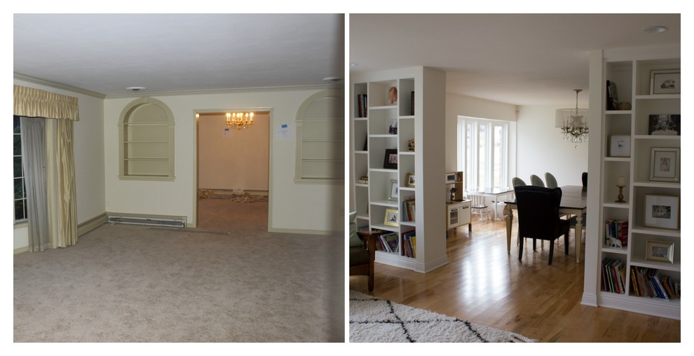 Example of a transitional light wood floor living room library design