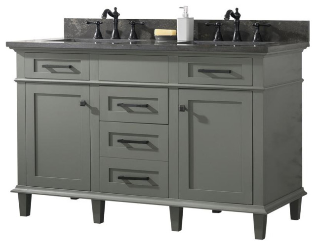 54" Pewter Green Finish Double Sink Vanity Cabinet With Blue Lime Stone ...
