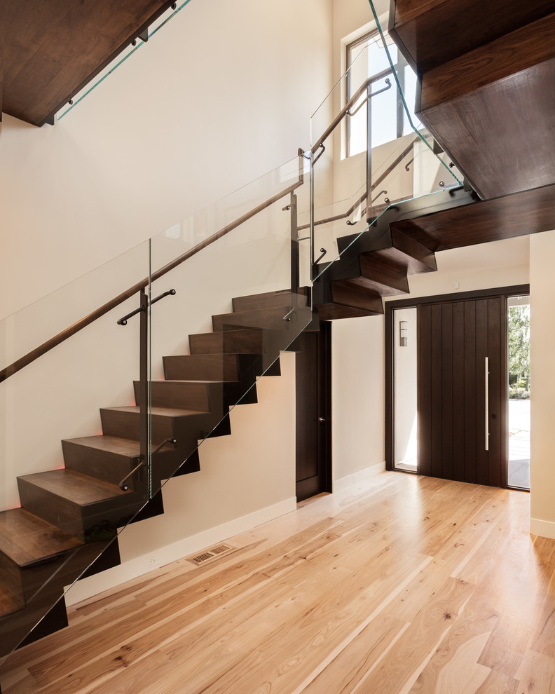 Photo of a modern foyer in San Francisco with beige walls, light hardwood floors, a single front door, a dark wood front door and beige floor.