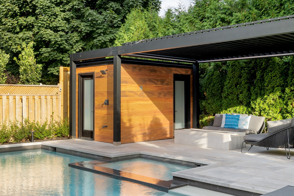 Ispirazione per una piccola piscina design rettangolare dietro casa con paesaggistica bordo piscina e pavimentazioni in pietra naturale