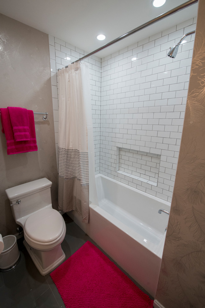 Small contemporary 3/4 bathroom in DC Metro with furniture-like cabinets, white cabinets, a one-piece toilet, beige walls, slate floors, an undermount sink, engineered quartz benchtops and grey floor.