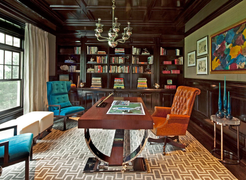 Design ideas for a transitional home office in New York with dark hardwood floors and a freestanding desk.