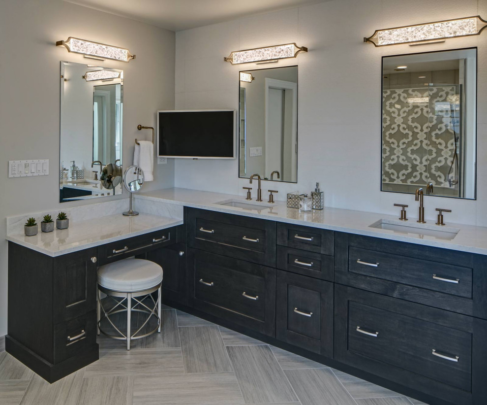 Bathroom - mid-sized transitional master ceramic tile ceramic tile, gray floor and double-sink bathroom idea in Chicago with quartz countertops, white countertops and a built-in vanity