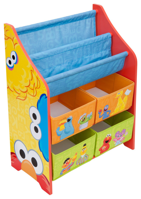 Children Yellow Blue Sesame Street Book and Toy Multi Bin Storage Organizer