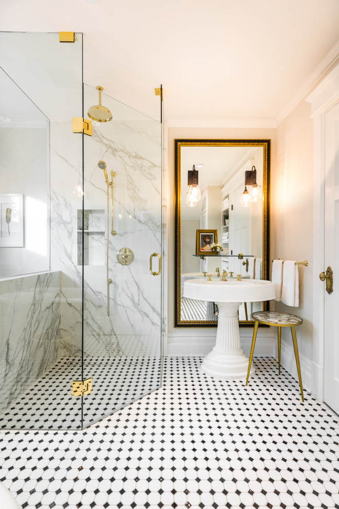 Design ideas for a mid-sized traditional master bathroom in Vancouver with a curbless shower, a one-piece toilet, black and white tile, marble, white walls, porcelain floors, a pedestal sink, multi-coloured floor, a hinged shower door and a claw-foot tub.