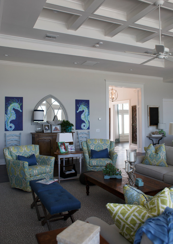Inspiration for a mid-sized beach style open concept family room in Jacksonville with white walls, dark hardwood floors, a standard fireplace, a stone fireplace surround, a wall-mounted tv and brown floor.