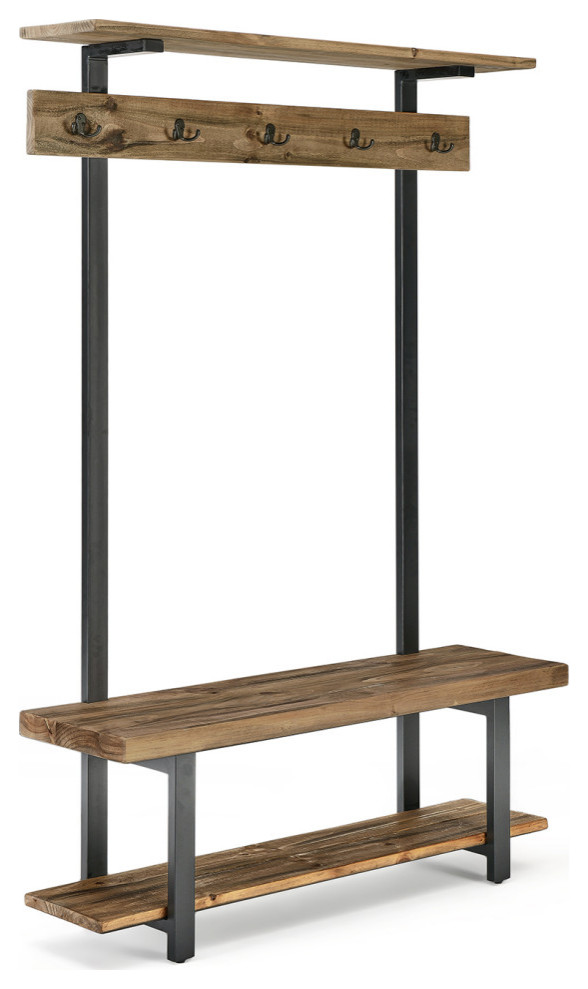 Pomona Entryway Hall Tree, Bench, Shelves and Coat Hooks Industrial