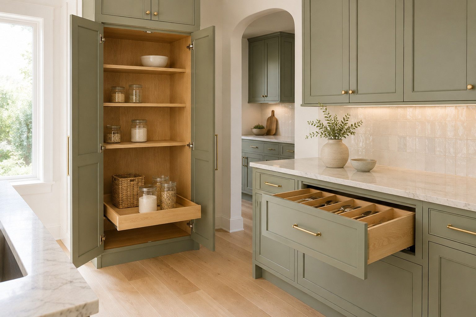 Bright Sage Kitchen With Intelligent Storage