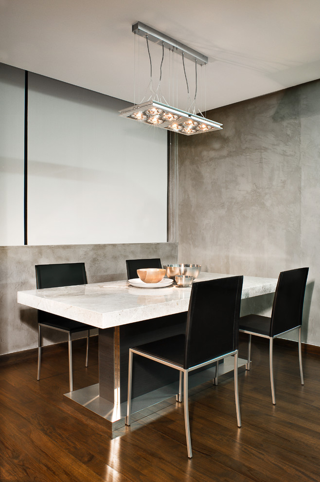 Industrial dining room in Singapore with grey walls and dark hardwood floors.