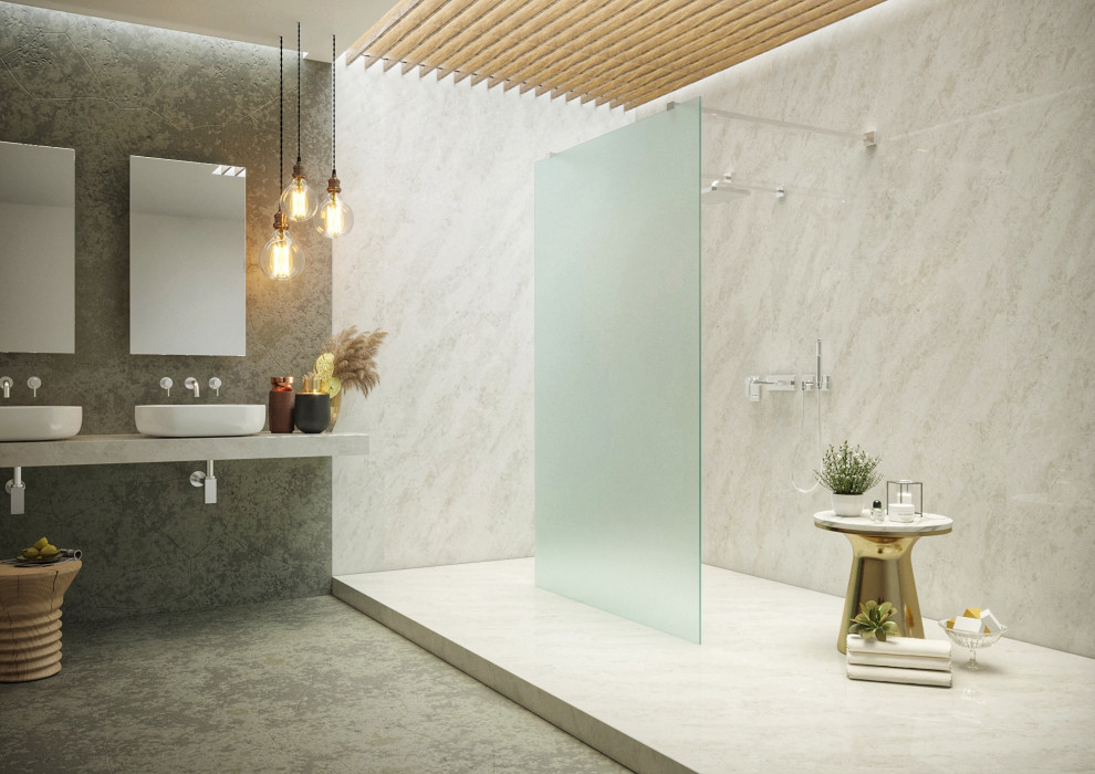 Immagine di una grande stanza da bagno padronale contemporanea con ante beige, lavabo a bacinella, top in quarzo composito, top beige, due lavabi e mobile bagno sospeso