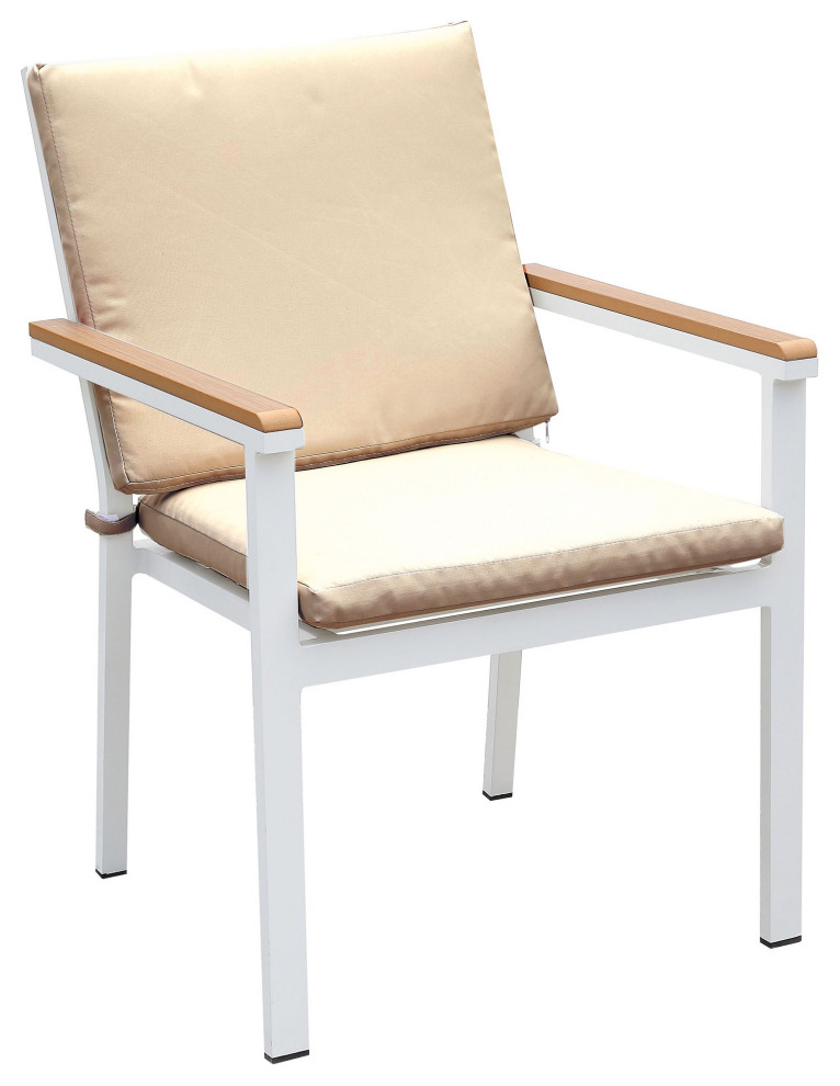 Set of 2, Patio Chair, White Aluminum Frame With Oak Arms and Removable