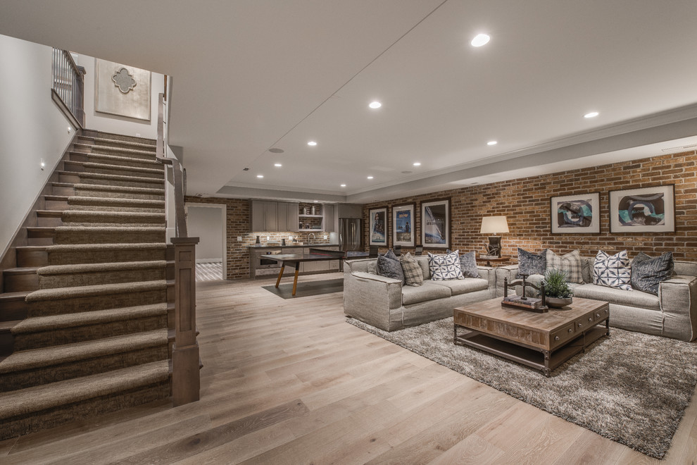 Design ideas for a large traditional basement in Salt Lake City with light hardwood floors, no fireplace and brown floor.
