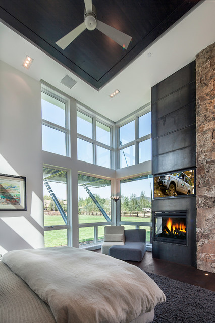 Master Bedroom With Steel Stone Fireplace Contemporary