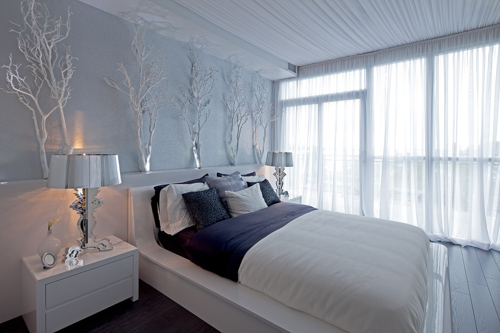 Contemporary bedroom in Toronto with white walls.