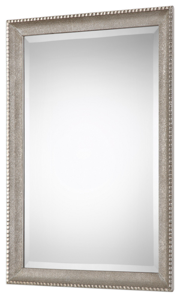 Benzara Transitional Rectangular Textured Wooden Frame Mirror, Gray and