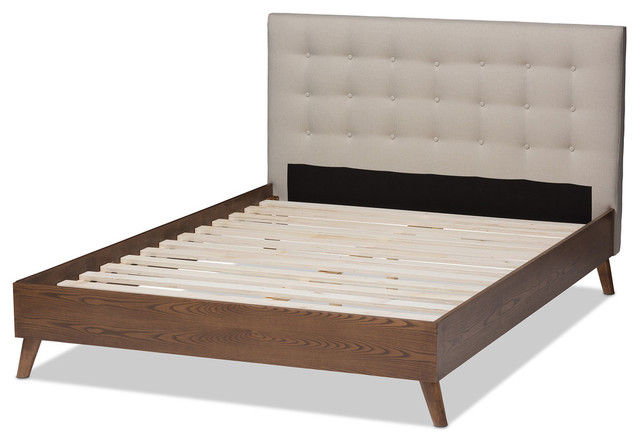 Alinia Retro Light Beige Upholstered Walnut Wood King Size Platform Bed Midcentury Platform Beds By Hedgeapple