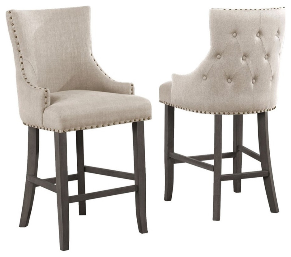 Beige Linen Fabric Barstools 29" Set of 2 with Tufted Seat Backs