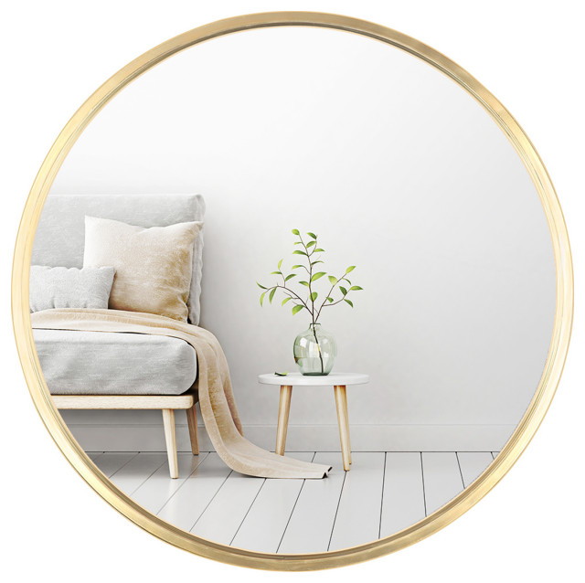 Round Gold Wall Mirror, 24" Contemporary Bathroom Mirrors by