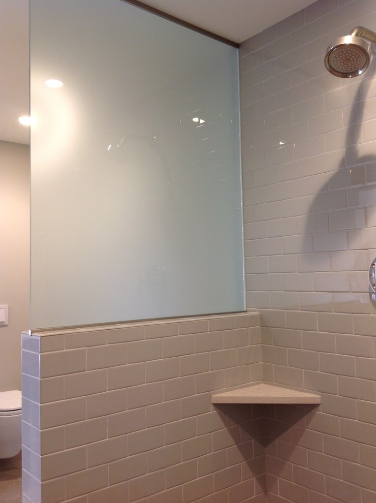 Inspiration for a contemporary master porcelain tile walk-in shower remodel in Other