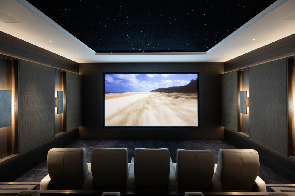 Ejemplo de cine en casa actual de tamaño medio con paredes marrones, moqueta, pantalla de proyección y suelo negro